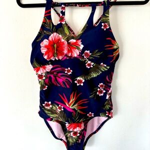 Kona Sol navy floral swimsuit. Size medium.